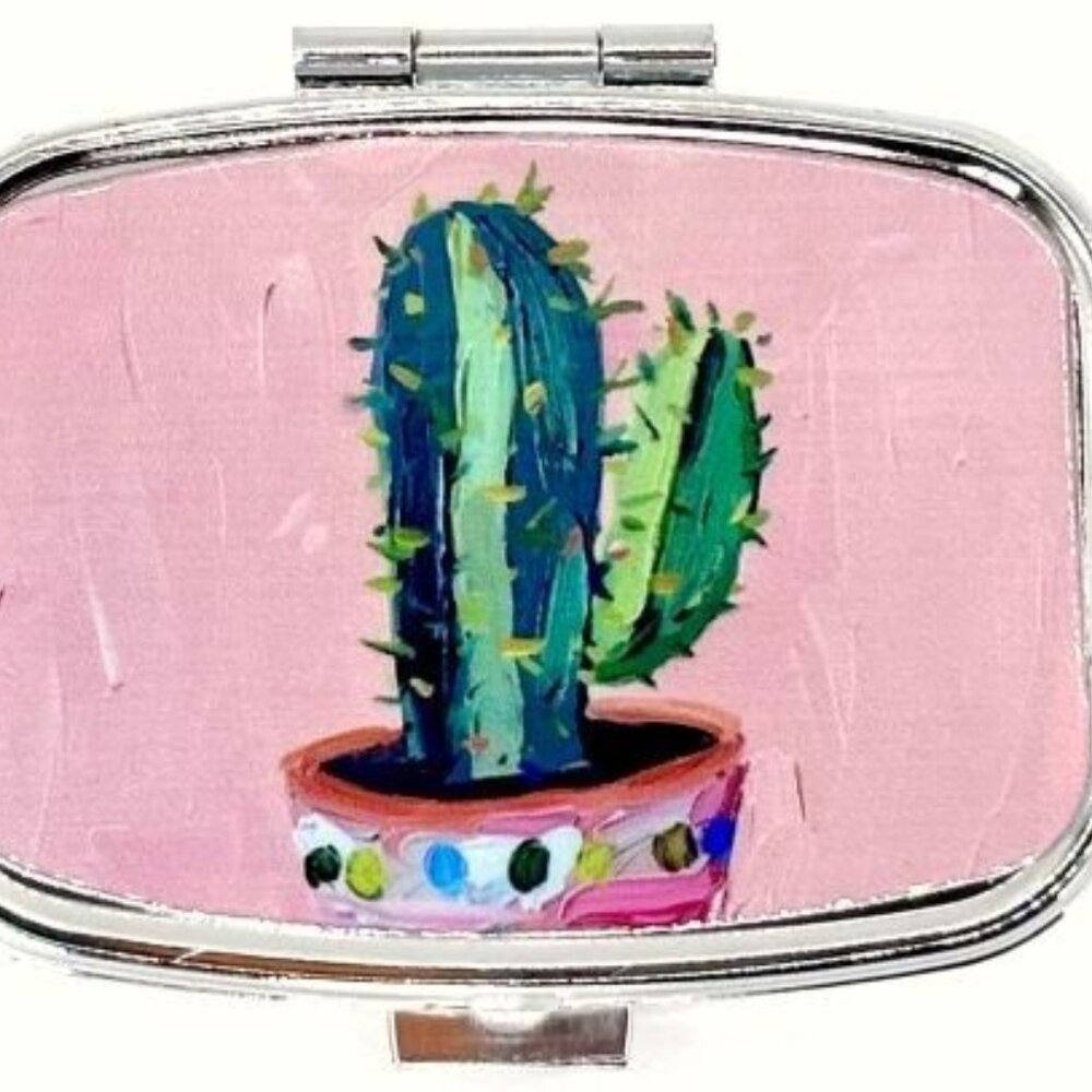 Chic Southwest Cactus Pink Decorative Pot 2 Compartment Purse Vitamin Pill Box